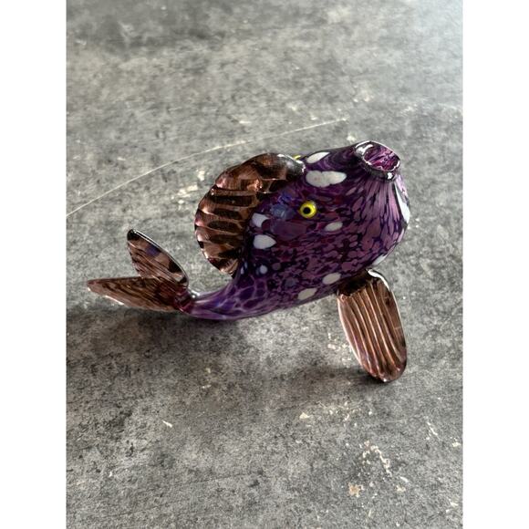 Vtg Thames Art Glass Tropical Speckled Fish Purple Speckled Figurine Signed - Picture 1 of 9